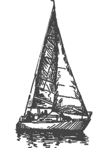 A sketch of a sailboat with a tall mast and triangular sails on calm water, drawn in grayscale.