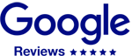 This image shows the Google logo with a blue, pixelated appearance and five star icons beneath it, resembling a rating or review badge.